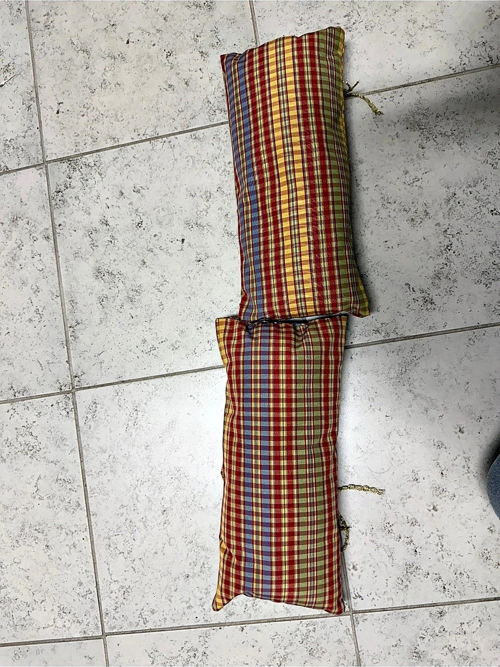 Plaid Accent Pillows in Red, Yellow, green and blue with decorative Gold tassel